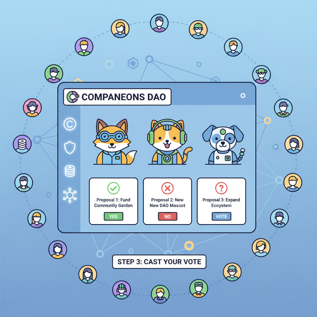 DAO voting screen with Companeons characters, ballots and governance icons, decentralized community meeting, web3 style