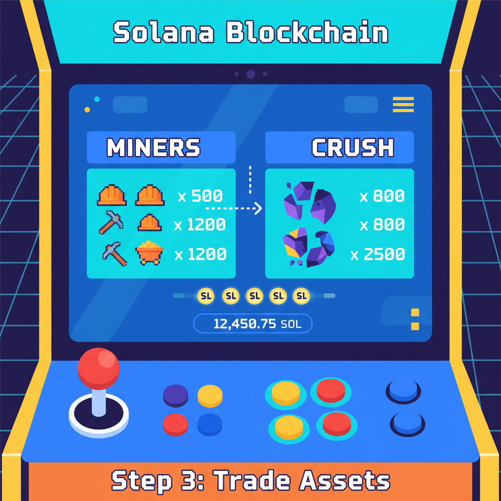 player trading Miners and Crush assets in vibrant game interface, tokens accumulating, arcade gaming aesthetic, Solana blockchain