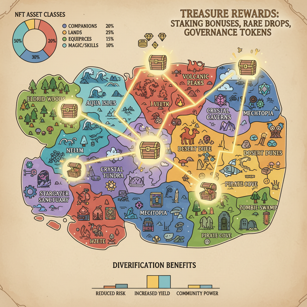 map of 13 Companeons regions with diverse NFTs, diversification chart, treasure rewards glowing, fantasy world map style