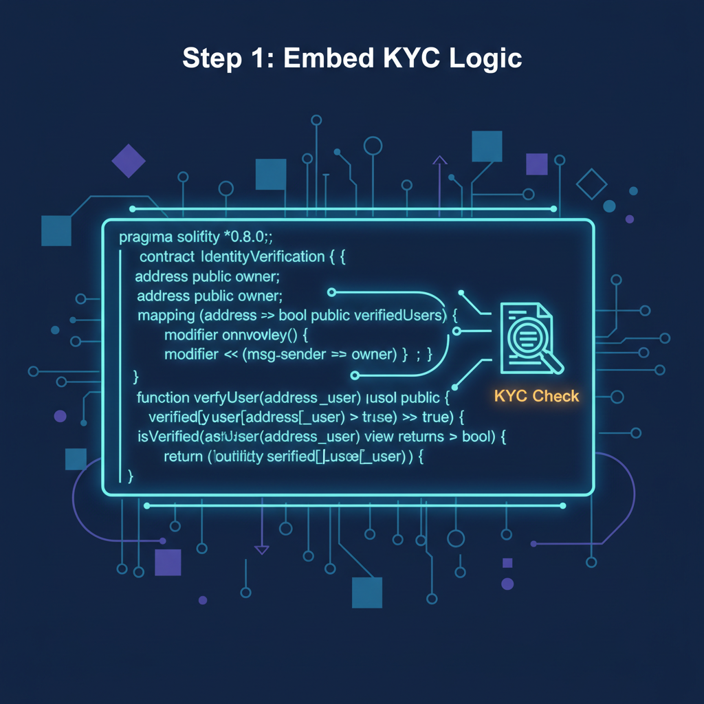 smart contract code embedding KYC check, glowing Solidity script with verification logic, digital matrix background