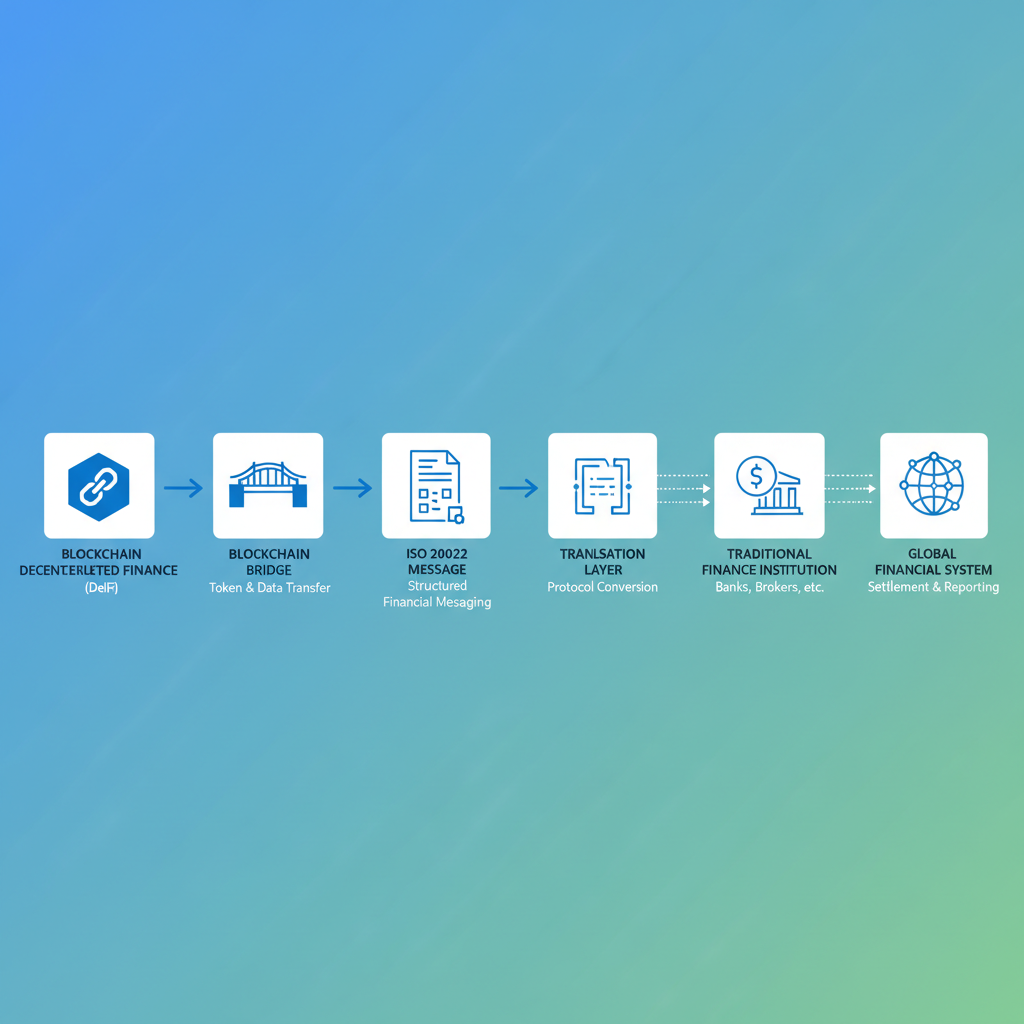 ISO 20022 message generated from blockchain bridging to TradFi, data flow between decentralized and traditional finance icons