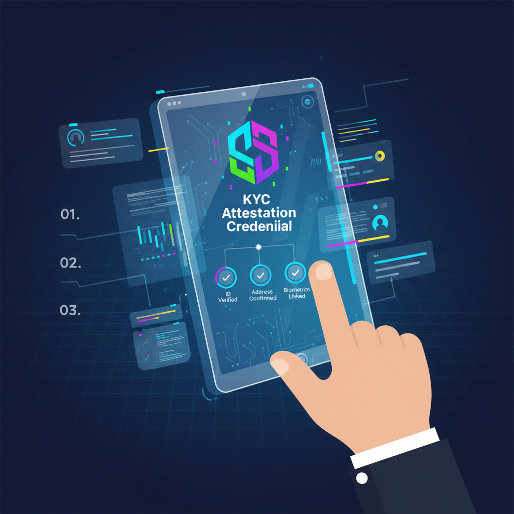 futuristic blockchain wallet issuing glowing digital KYC attestation credential, cyberpunk style, high tech UI