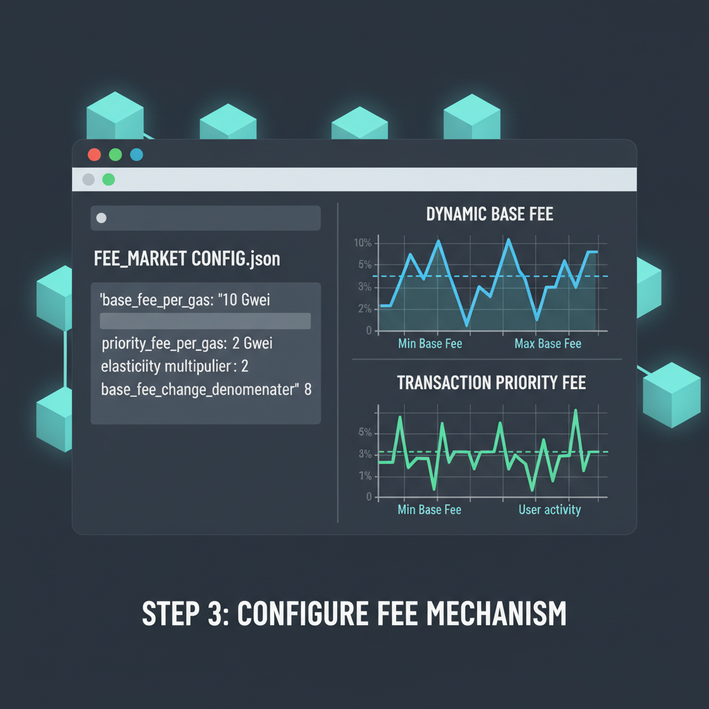 code editor with fee market configuration JSON, graphs of dynamic fees, blockchain theme