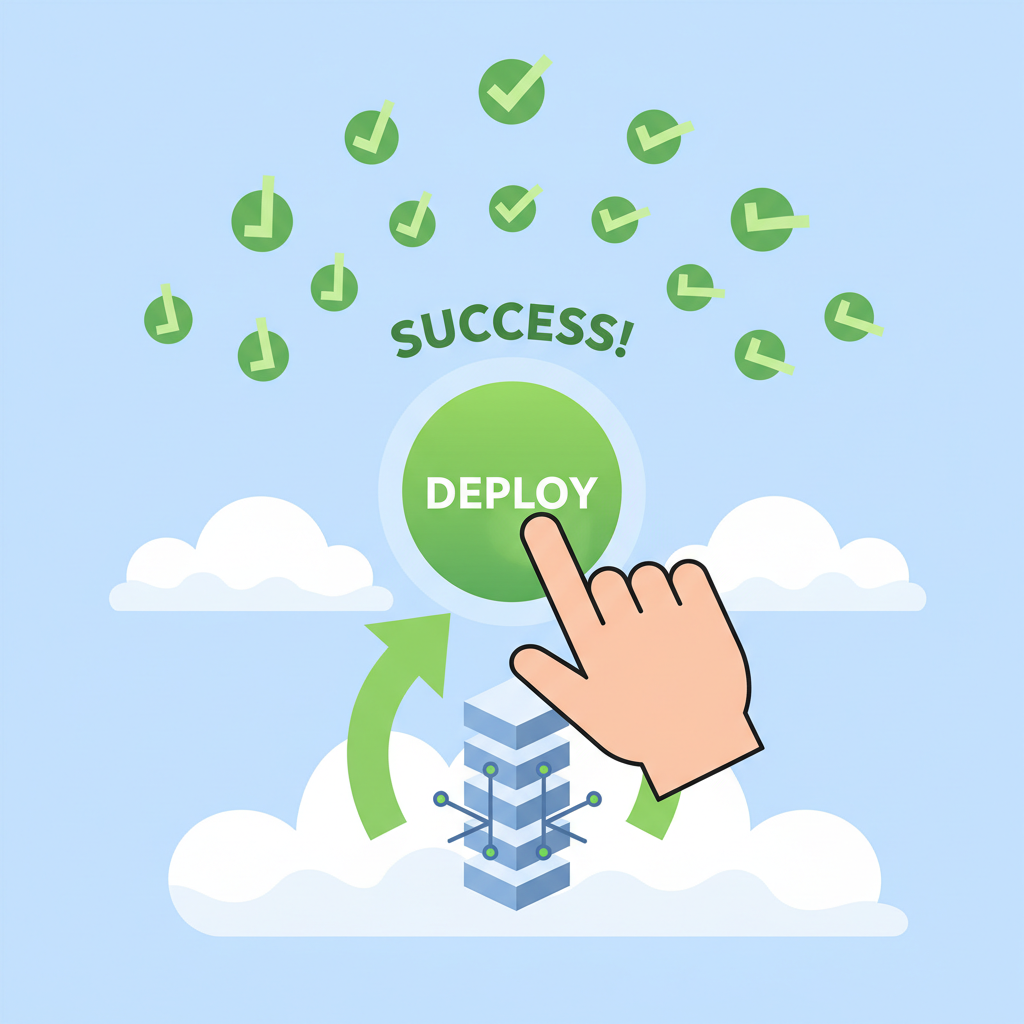 button press deploying blockchain rollup, success animation, green checkmarks, clouds