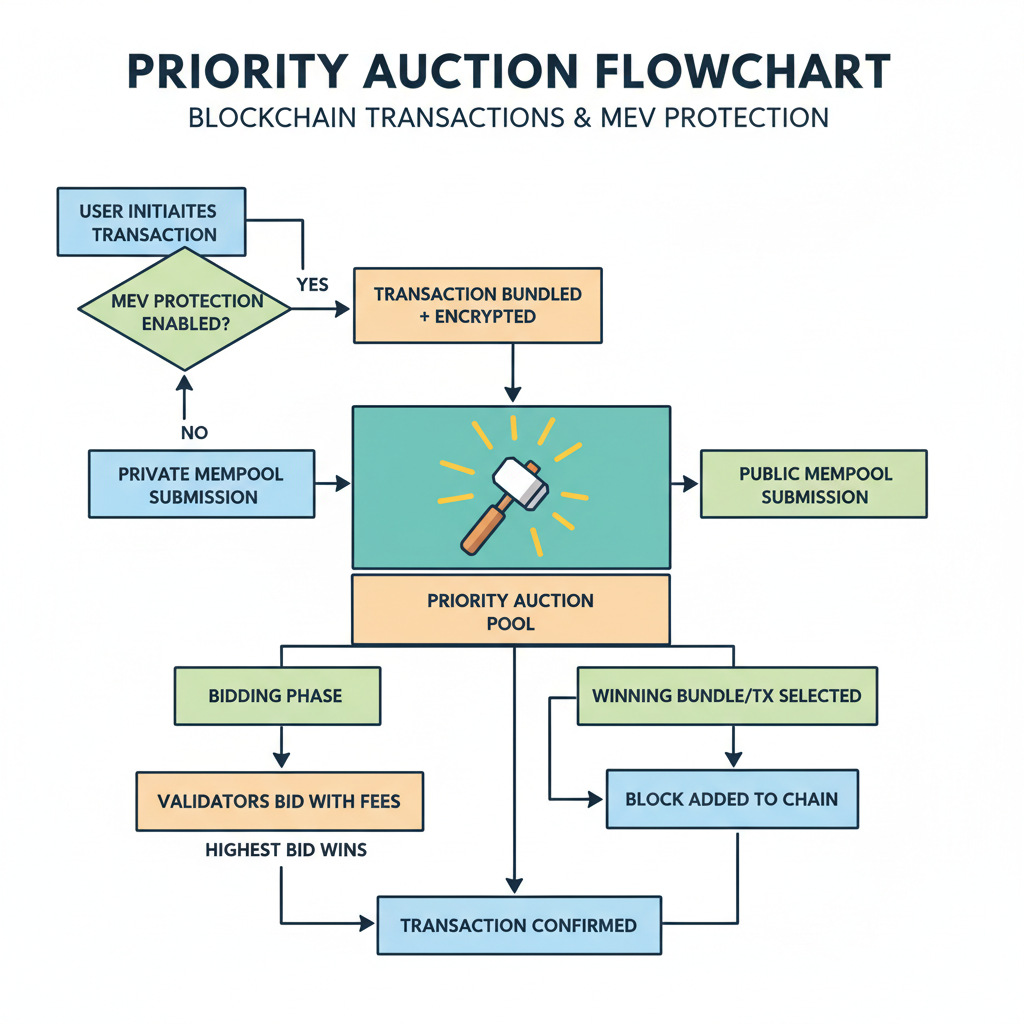 priority auction flowchart for blockchain transactions, MEV protection, glowing auction hammer