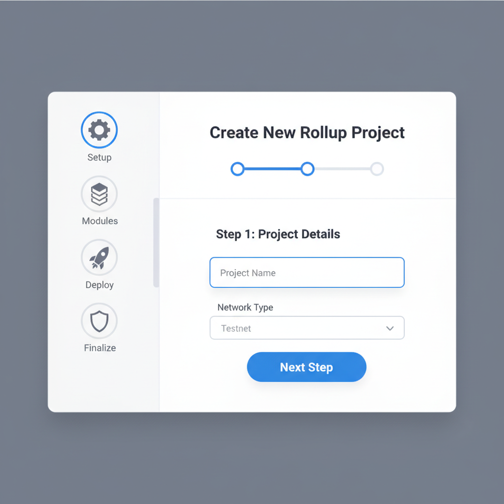 creating new blockchain rollup project in web dashboard, step-by-step wizard, tech icons