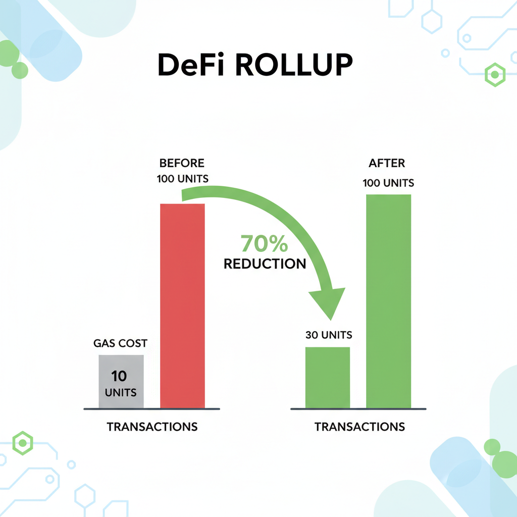 before-after graph showing 70% gas cost reduction in DeFi rollup, green downward arrow, charts