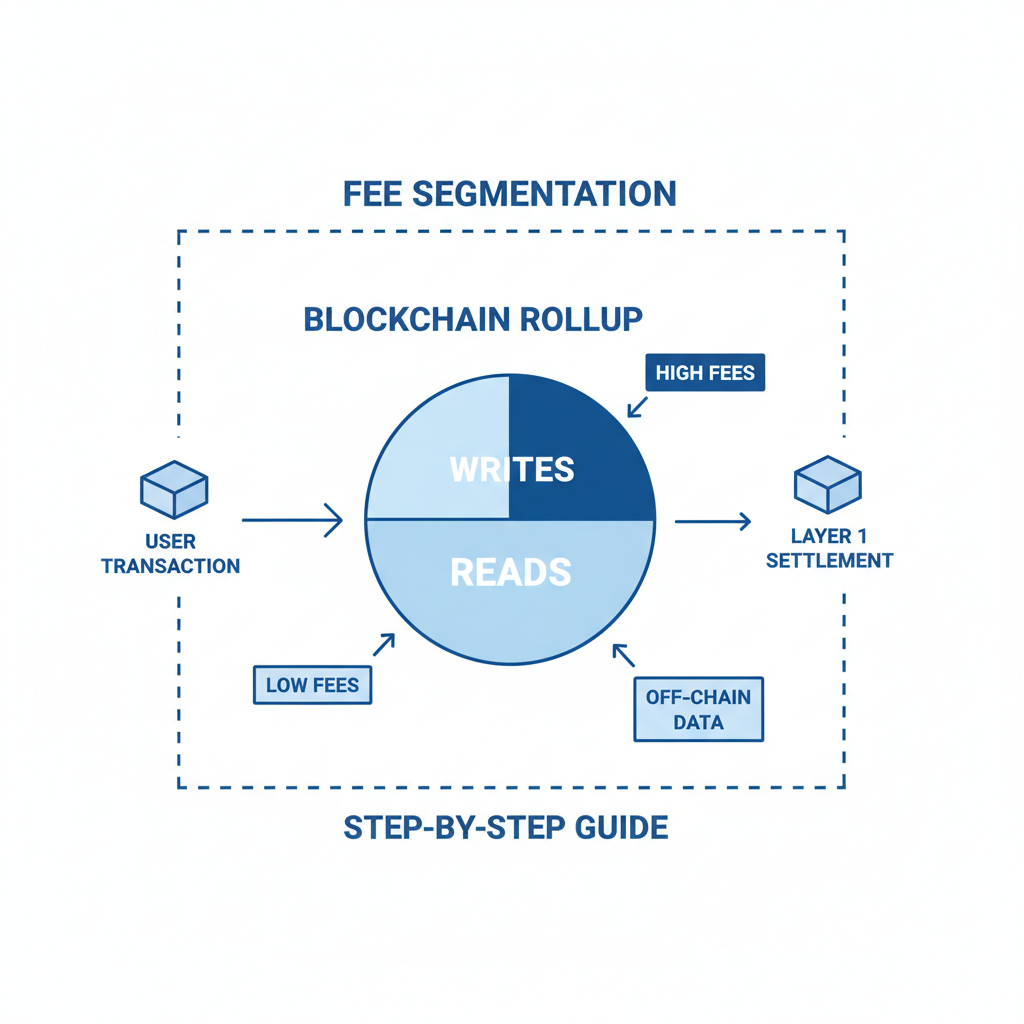 abstract diagram of fee segmentation in blockchain rollup, low fees for reads high for writes, tech blue tones