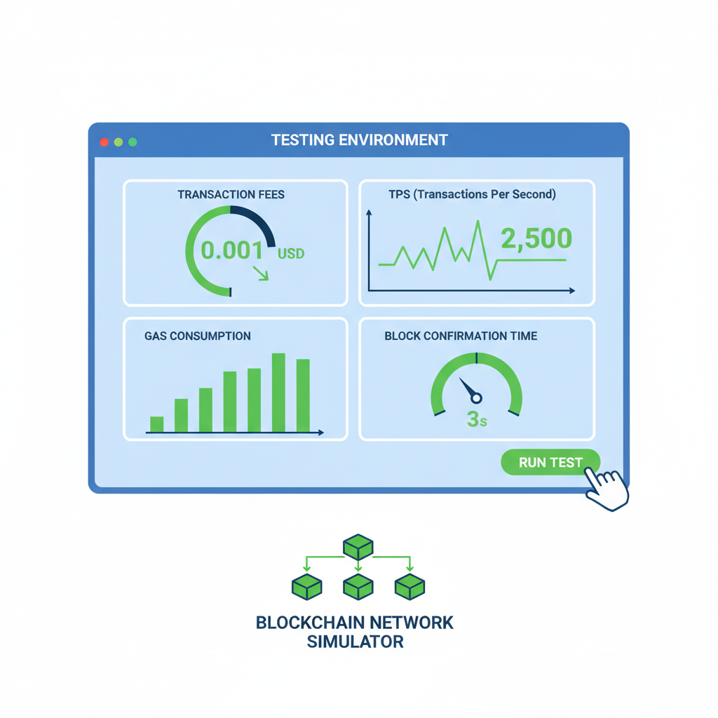 testing blockchain transactions on dashboard, charts of fees and TPS, green metrics
