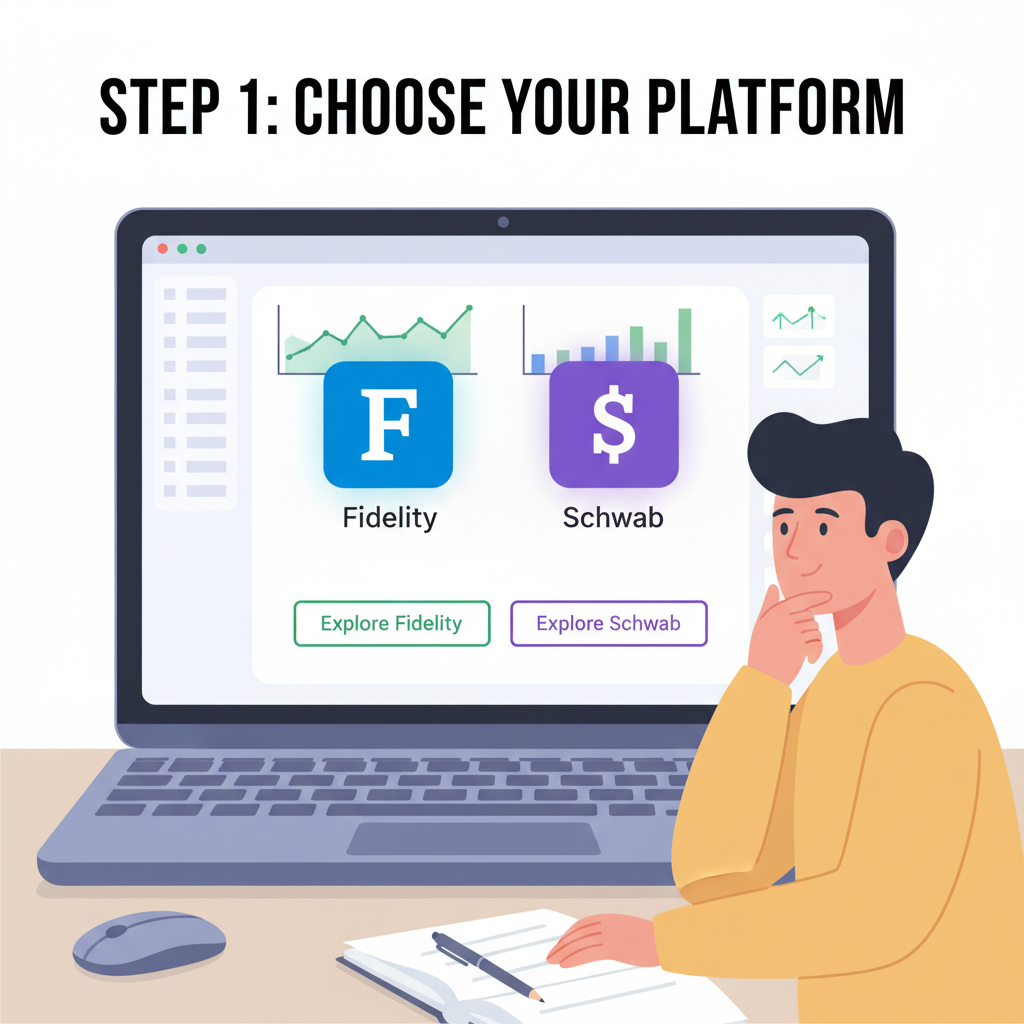 beginner investor selecting Fidelity or Schwab app on laptop, clean modern interface, financial charts background