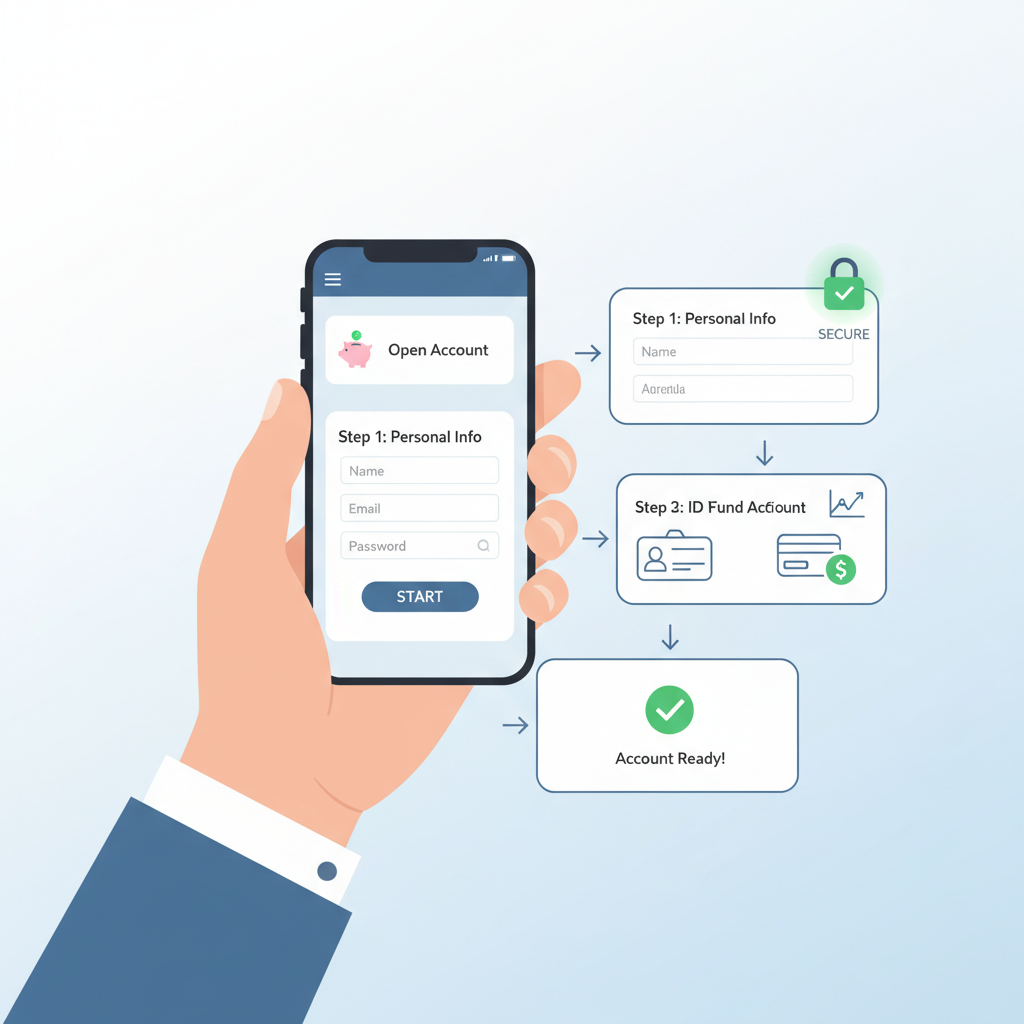 person opening brokerage account on smartphone, step-by-step signup screen, secure lock icon