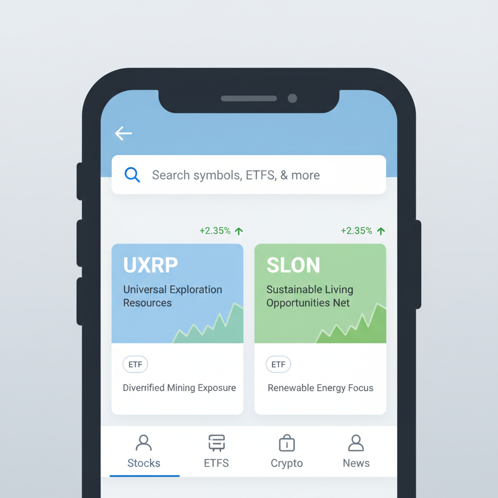 brokerage app search screen showing UXRP and SLON tickers, ETF info panels, green charts