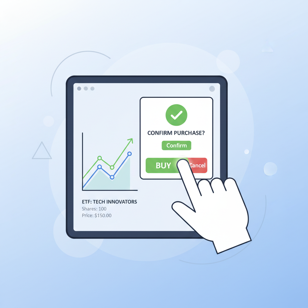 investor clicking buy button on ETF trade screen, confirmation dialog, upward arrow graph