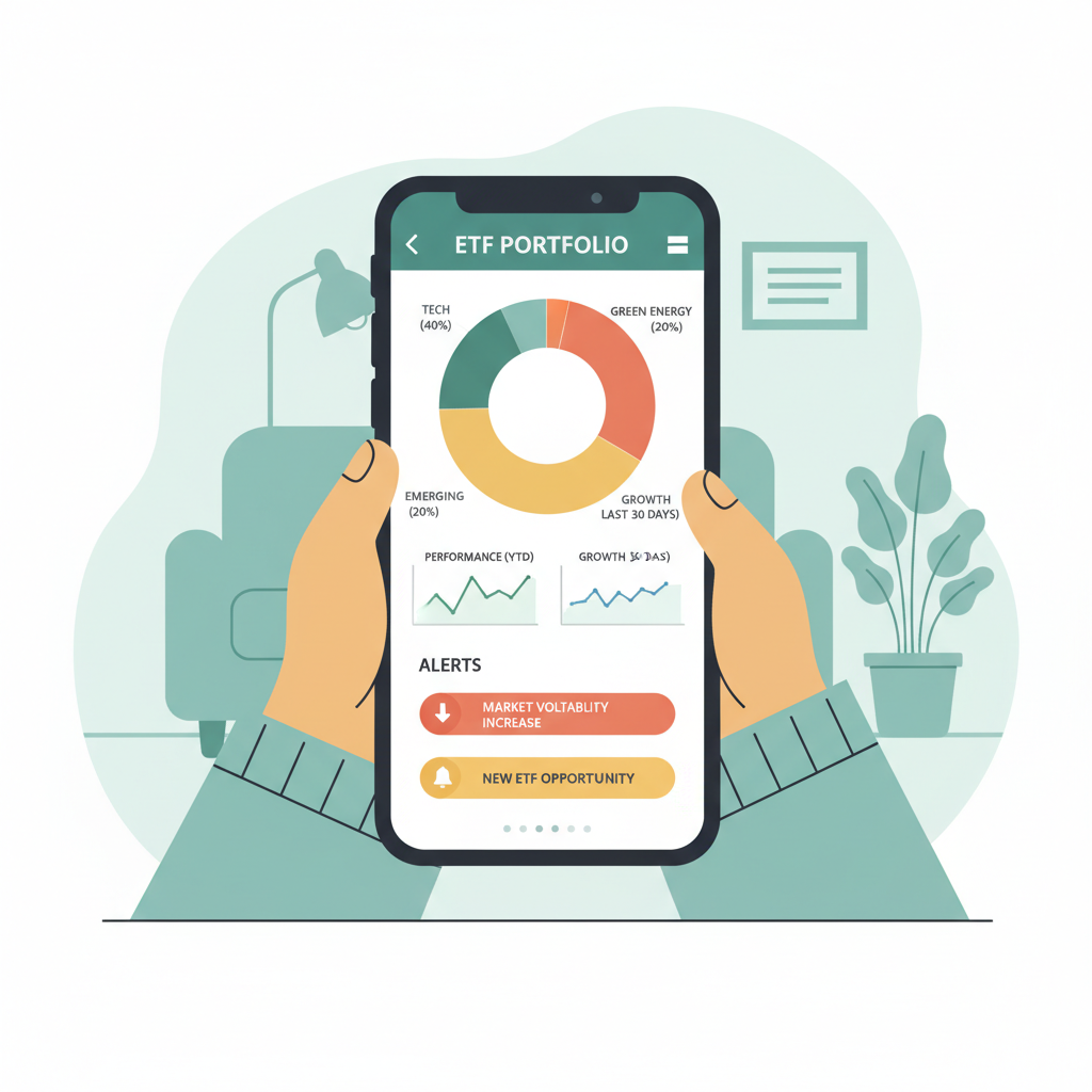 mobile app dashboard showing ETF portfolio, charts and alerts, relaxed investor viewing