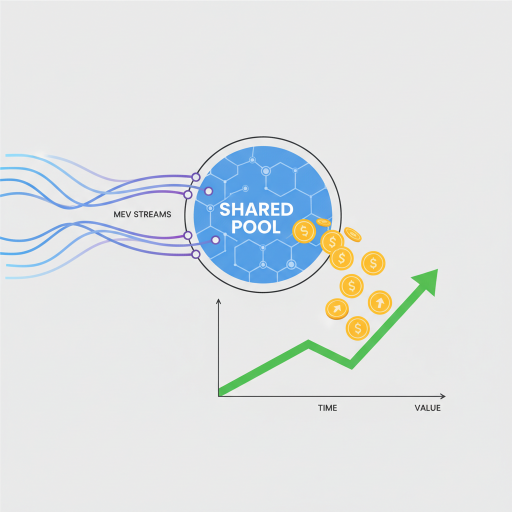 MEV streams converging into shared pool, golden coins flowing, economic graph upward trend