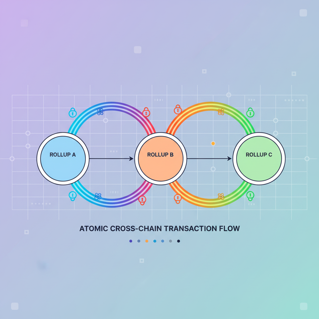 atomic cross-chain transactions flowing between rollups, unified timeline, vibrant data streams