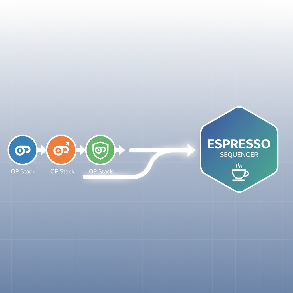 OP Stack logos connecting to Espresso sequencer, seamless integration diagram, clean tech illustration
