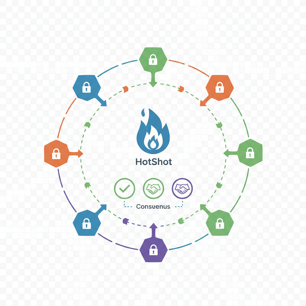 nodes in consensus circle, HotShot protocol visualization, secure blockchain icons