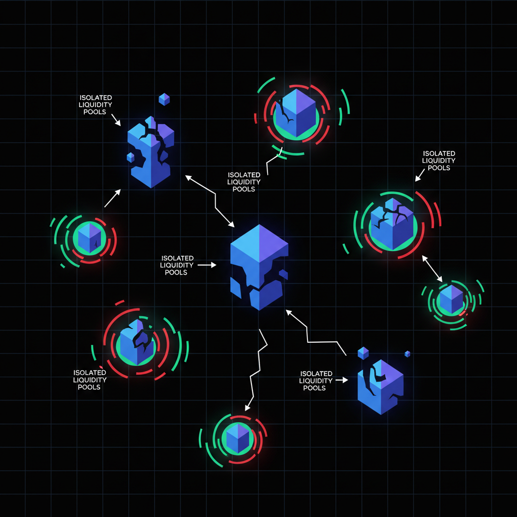 abstract blockchain rollups fragmented, isolated liquidity pools, dark futuristic style
