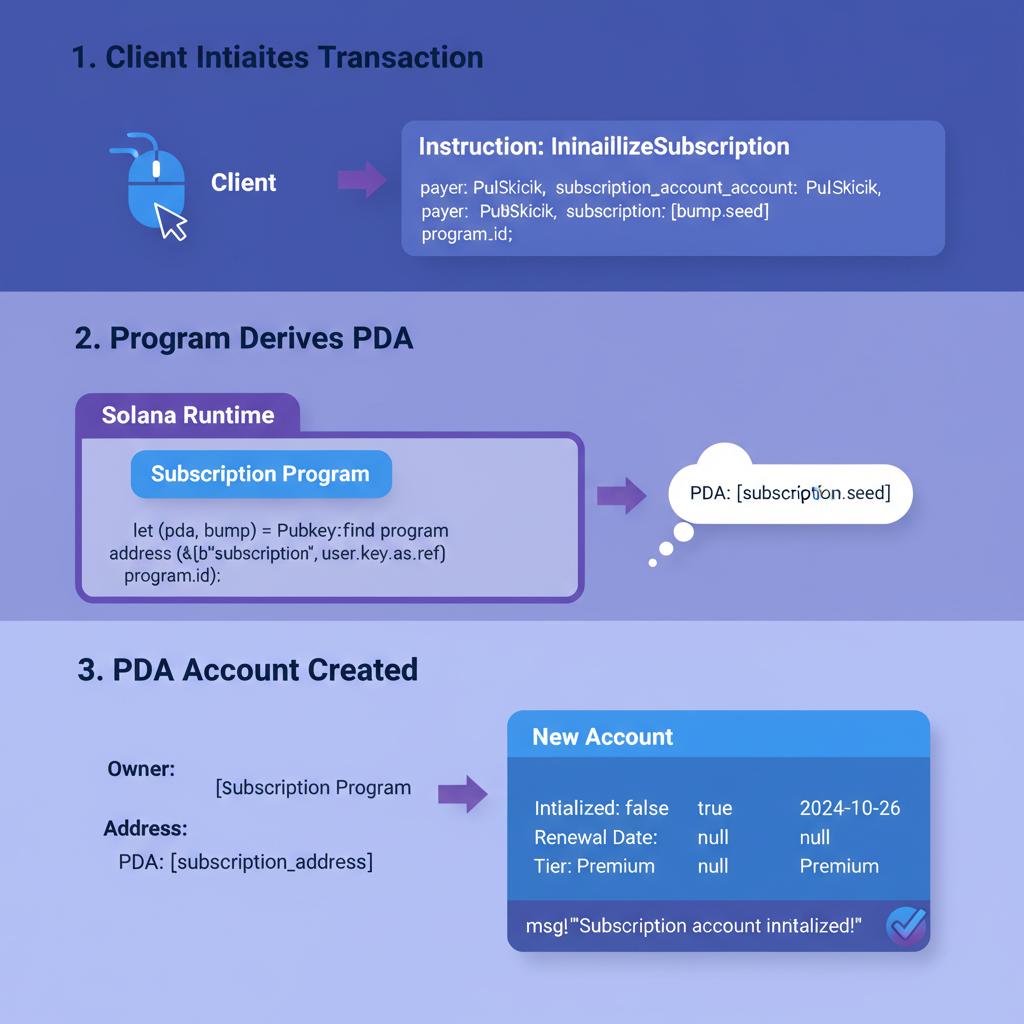 technical diagram of Solana PDA initialization for subscription program, blue purple tones, code snippets