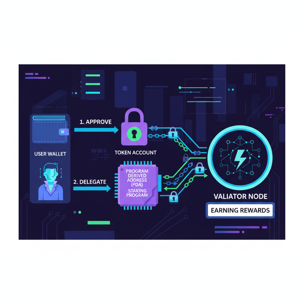 Solana token delegation flow from user to PDA, illustrative arrows and locks, cyberpunk style