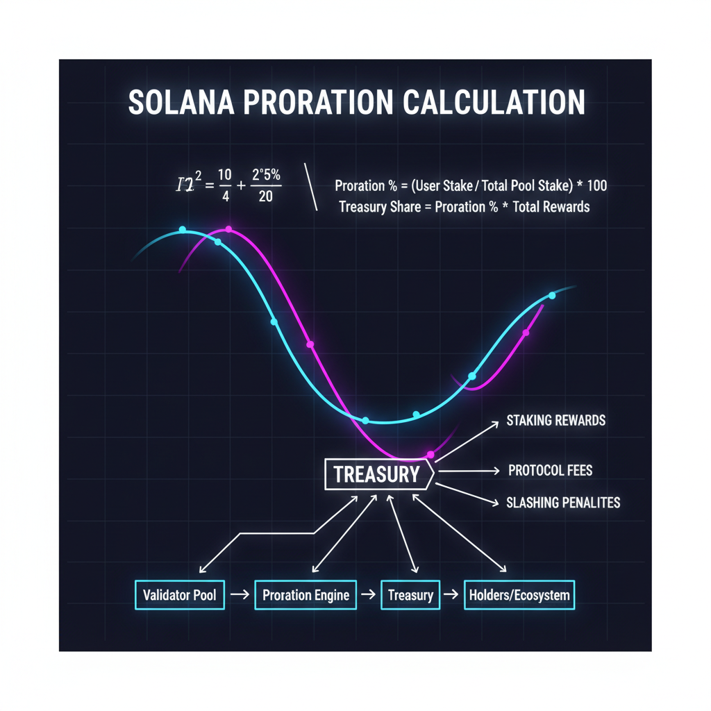 Solana proration calculation graph draining to treasury, math formulas and fund flows, neon charts