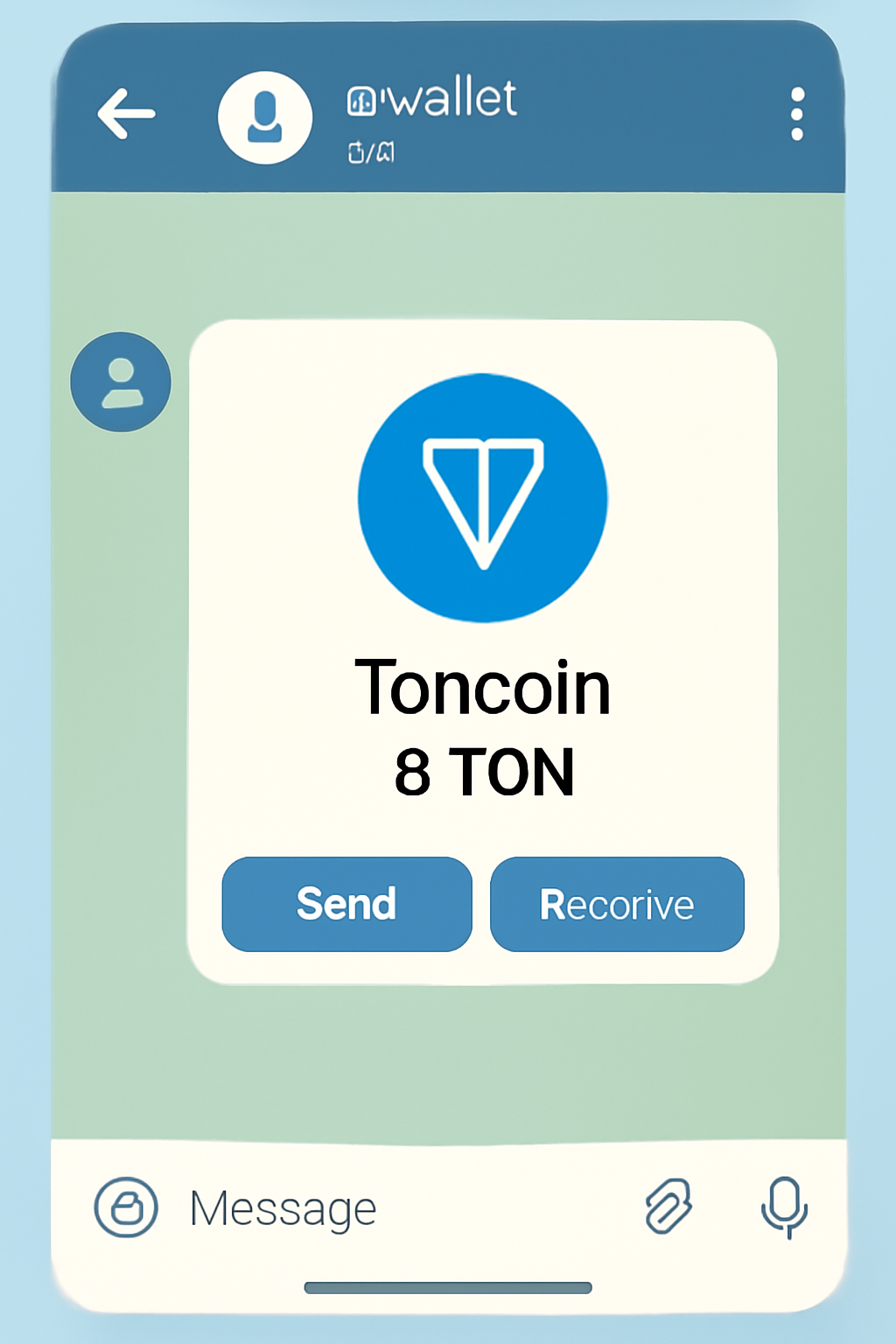 Telegram chat with @wallet bot, displaying the user's Toncoin balance and options to send or receive.