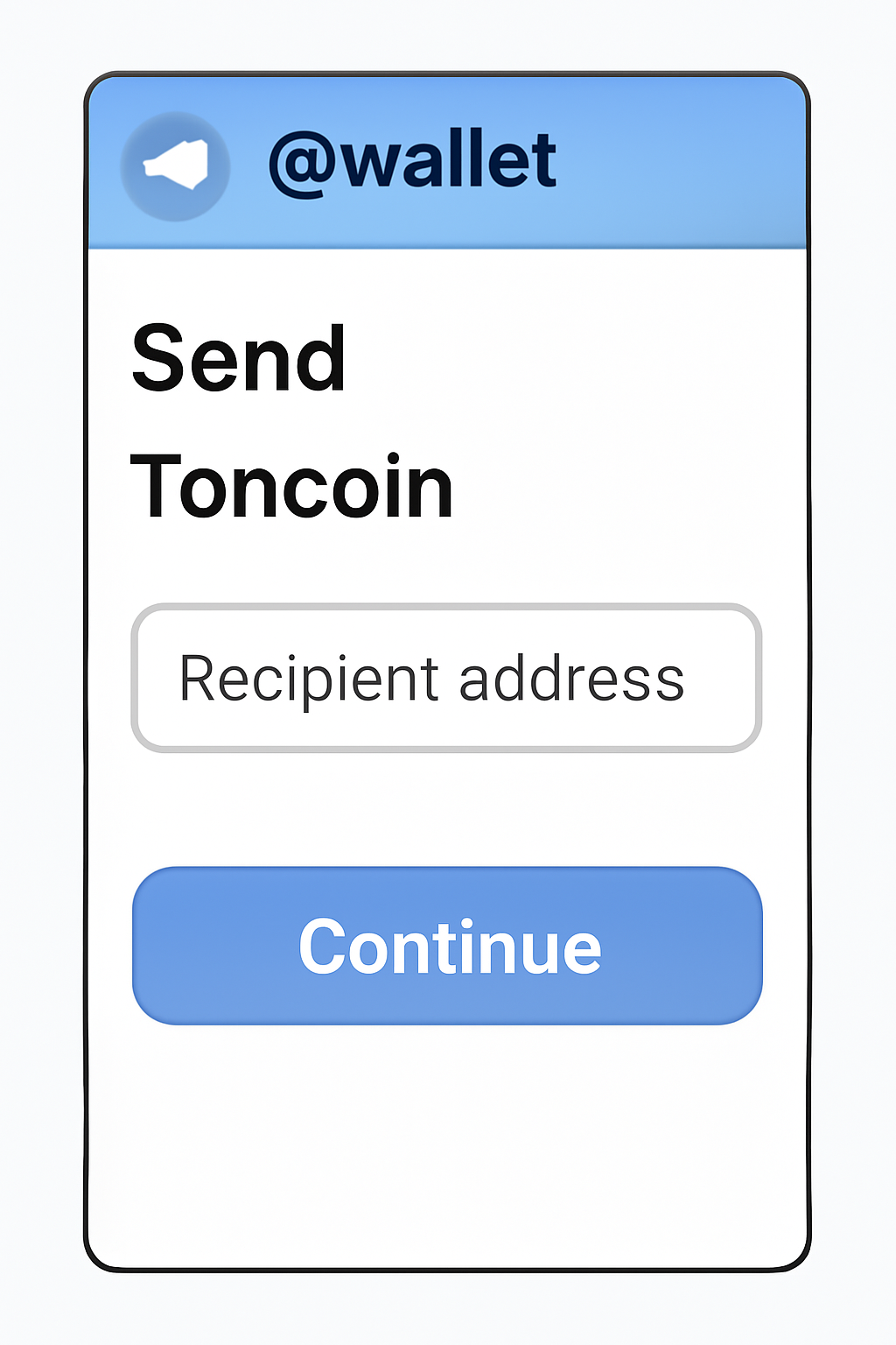 Telegram @wallet bot interface showing the send/transfer Toncoin screen, with a field for entering the recipient address.