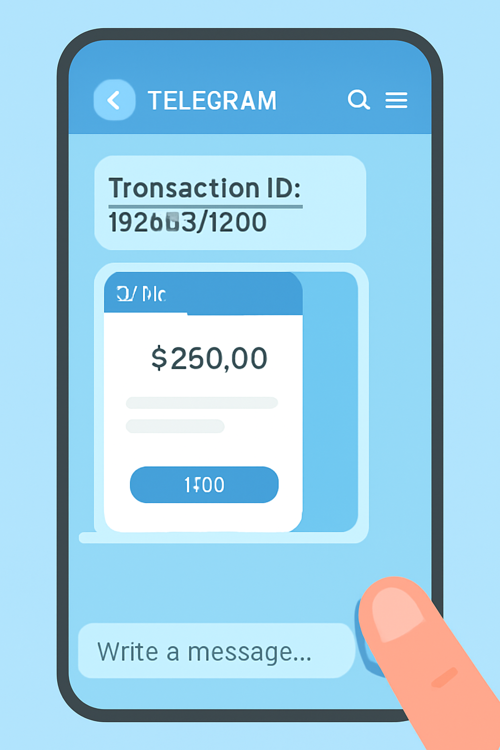 A Telegram message being sent with a transaction ID and a screenshot attached.