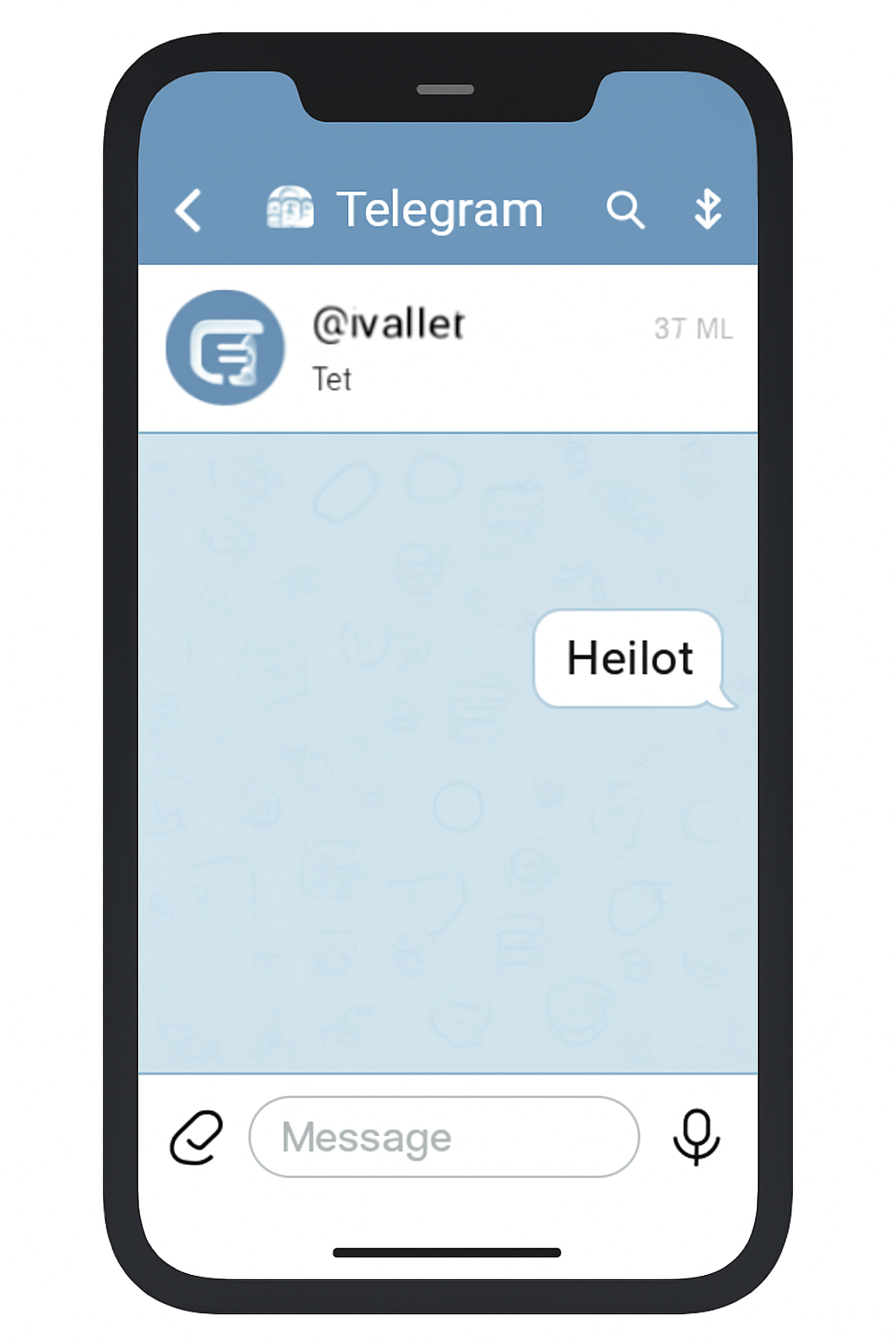 A smartphone screen showing the Telegram app open, with the @wallet bot chat selected and visible.
