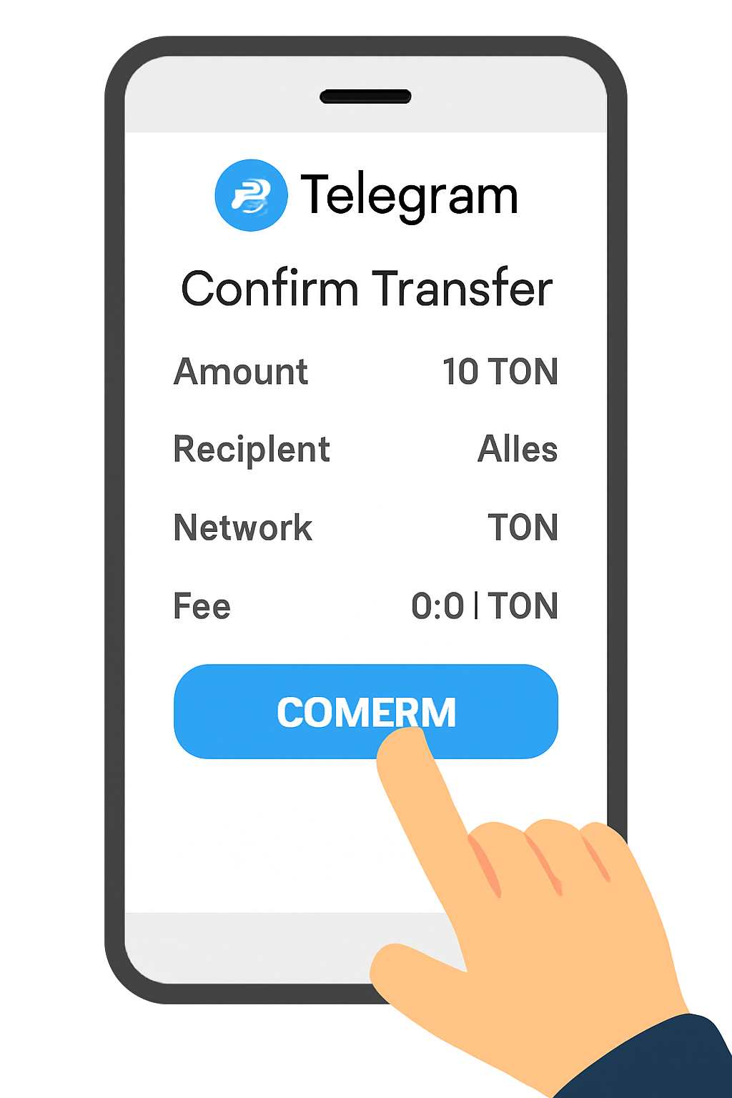 A Telegram confirmation screen summarizing the TON transfer details, with a user tapping the confirm button.