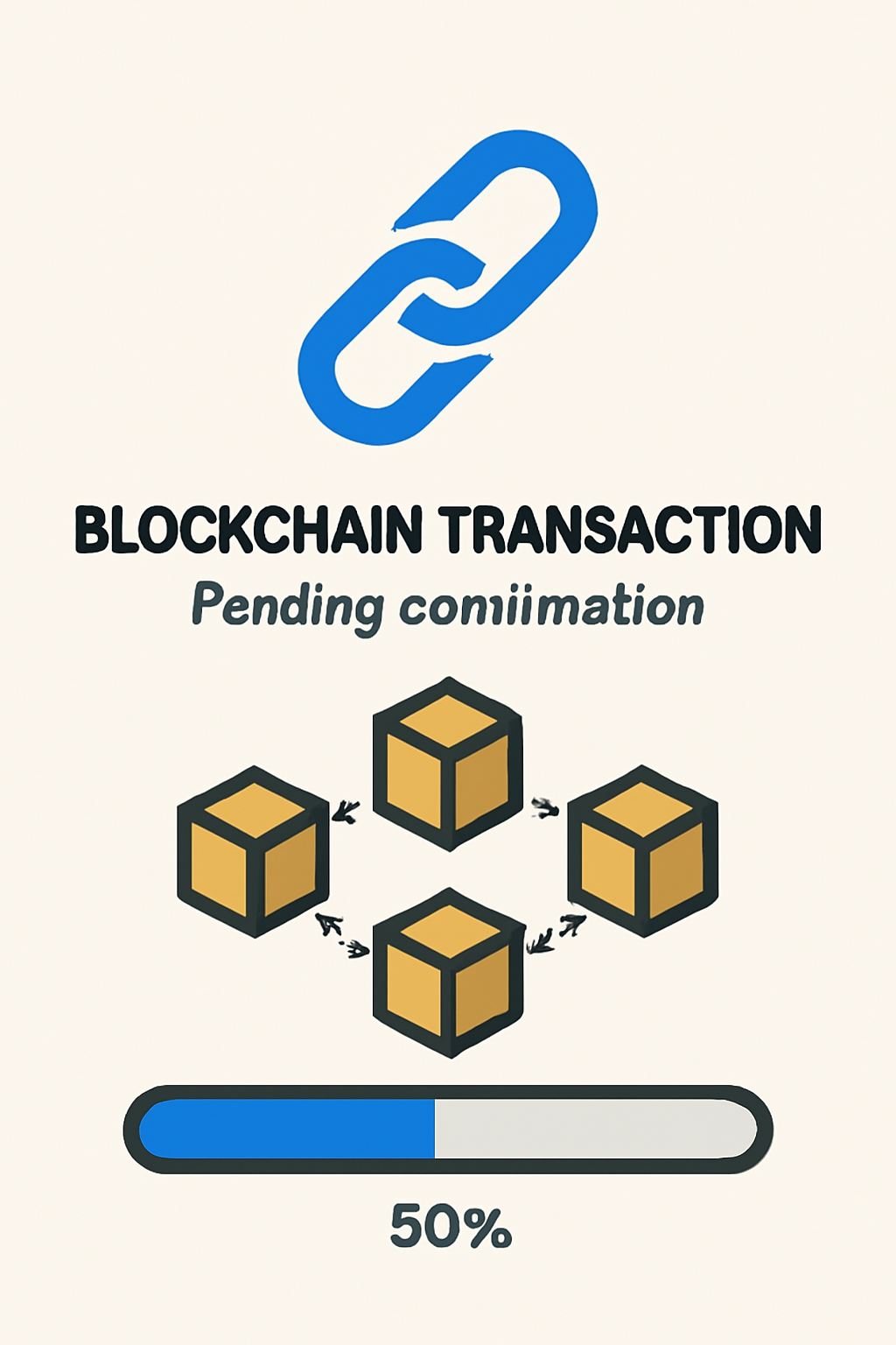 A digital representation of a blockchain transaction pending confirmation, with a progress indicator.