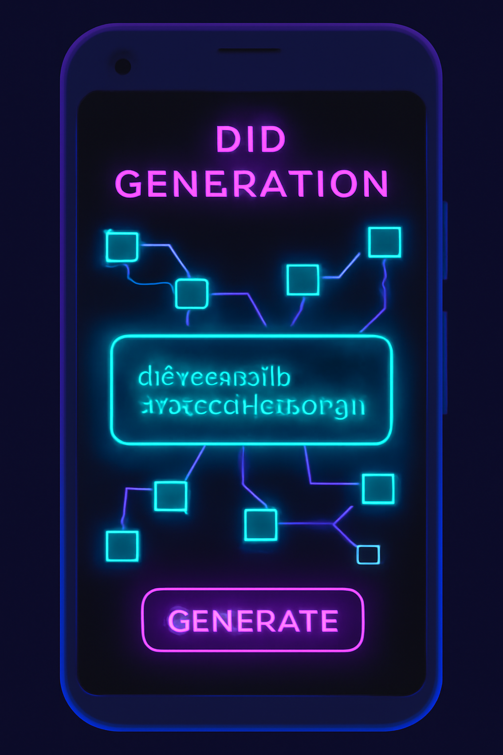 digital wallet screen showing DID generation, glowing decentralized identifier code, blockchain nodes connecting, cyberpunk aesthetic