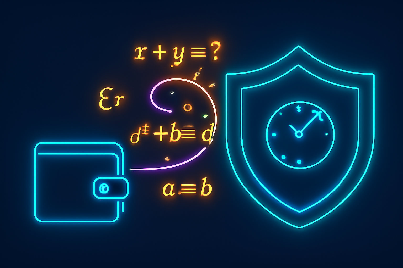 wallet generating zero-knowledge proof visualization, mathematical proofs swirling into shield, age clock icon hidden, neon cryptographic effects