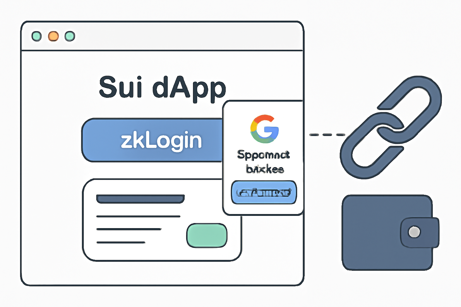 browser window with Sui dApp zkLogin button, OAuth popup from Google, blockchain chain linking to wallet, dynamic web3 interface