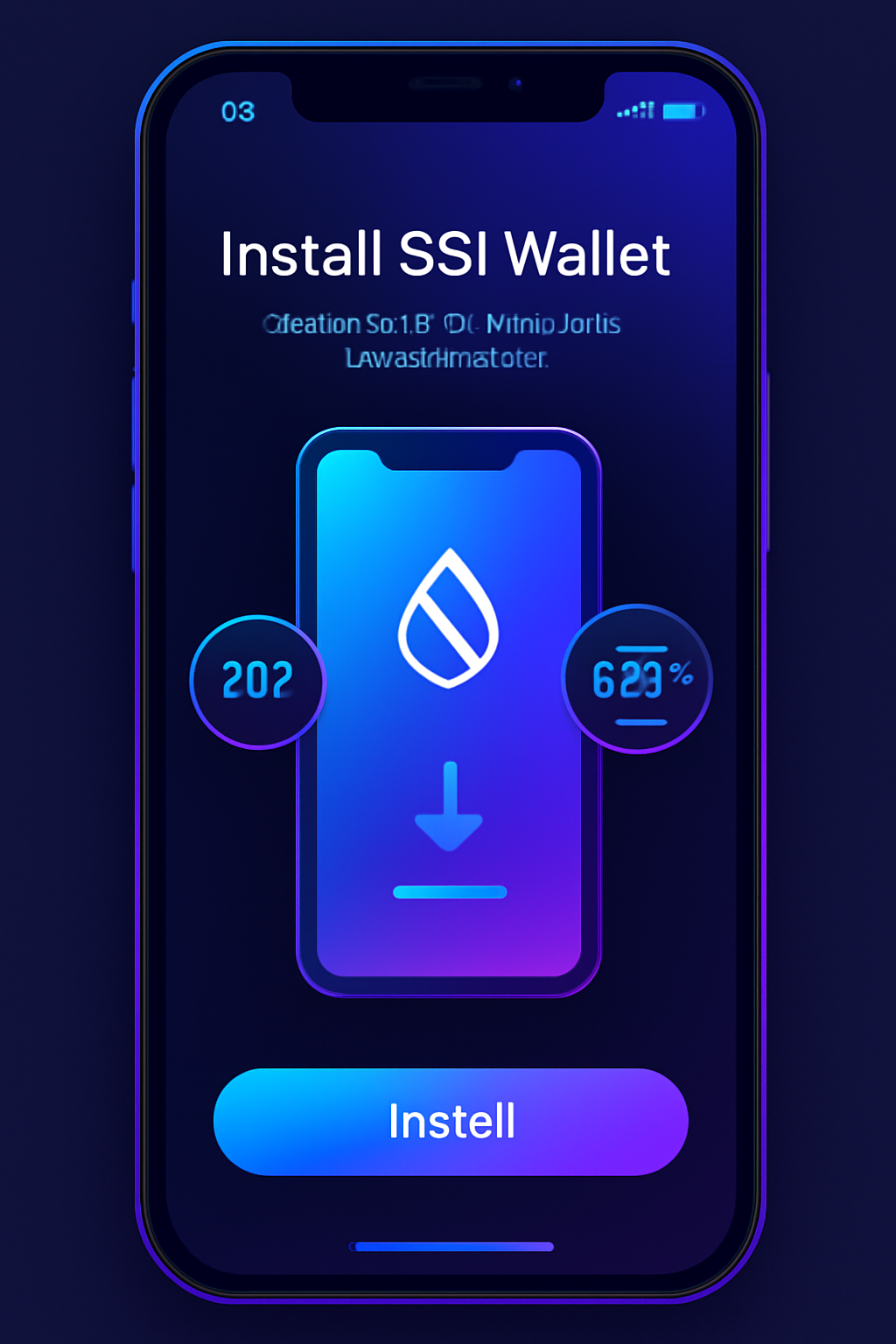 sleek mobile app interface installing futuristic SSI wallet with Sui logo and ZKP icons, vibrant blues and purples, high-tech UI