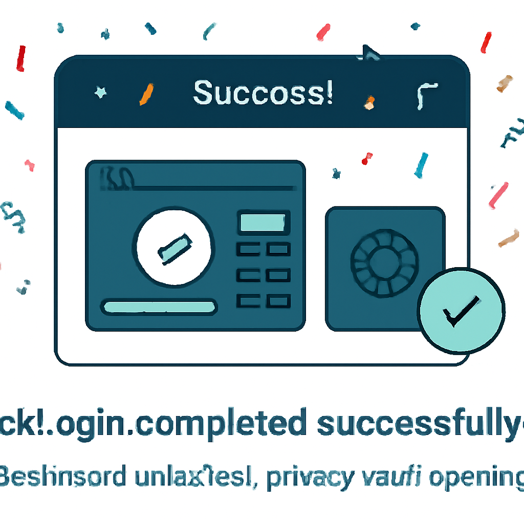 successful zkLogin completion screen, Sui dApp dashboard unlocking, privacy vault opening, confetti and green checkmarks, futuristic UI