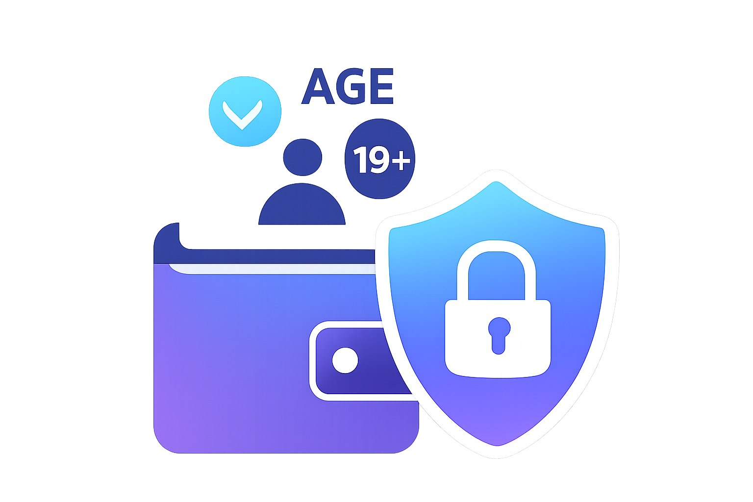 wallet app receiving verifiable credential for age, secure digital badge icon, privacy shield overlay, modern gradient design