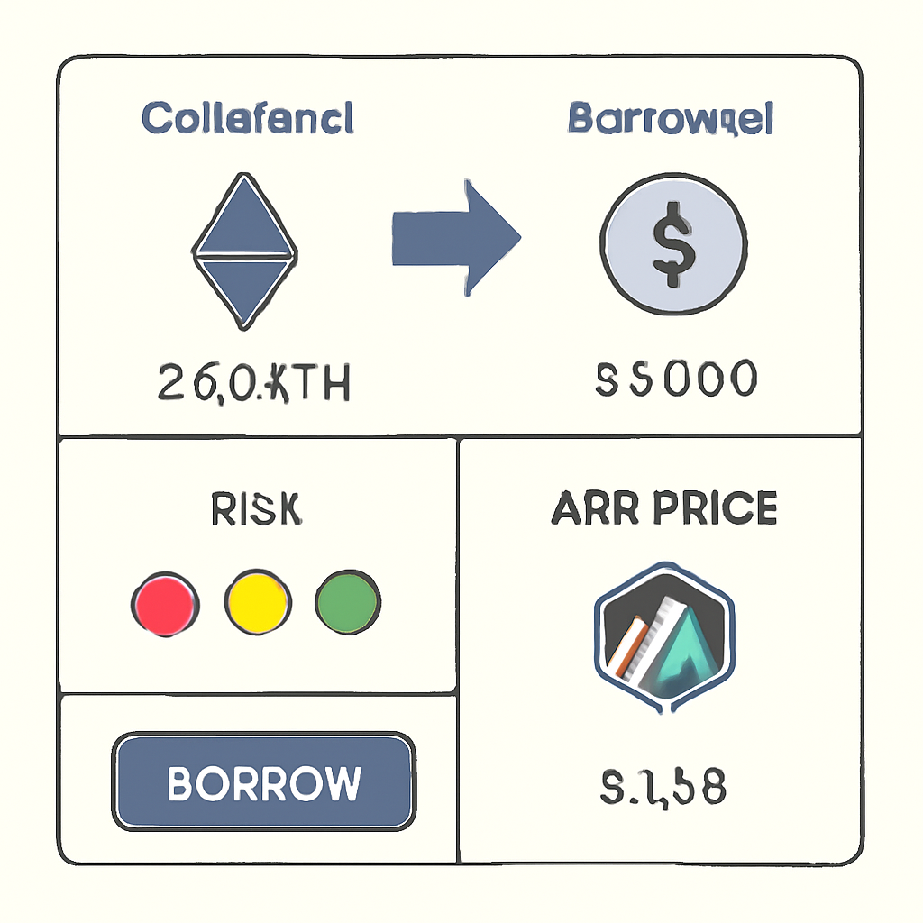 A DeFi dashboard showing a user borrowing stablecoins against ETH collateral, with risk indicators and ARB price displayed.