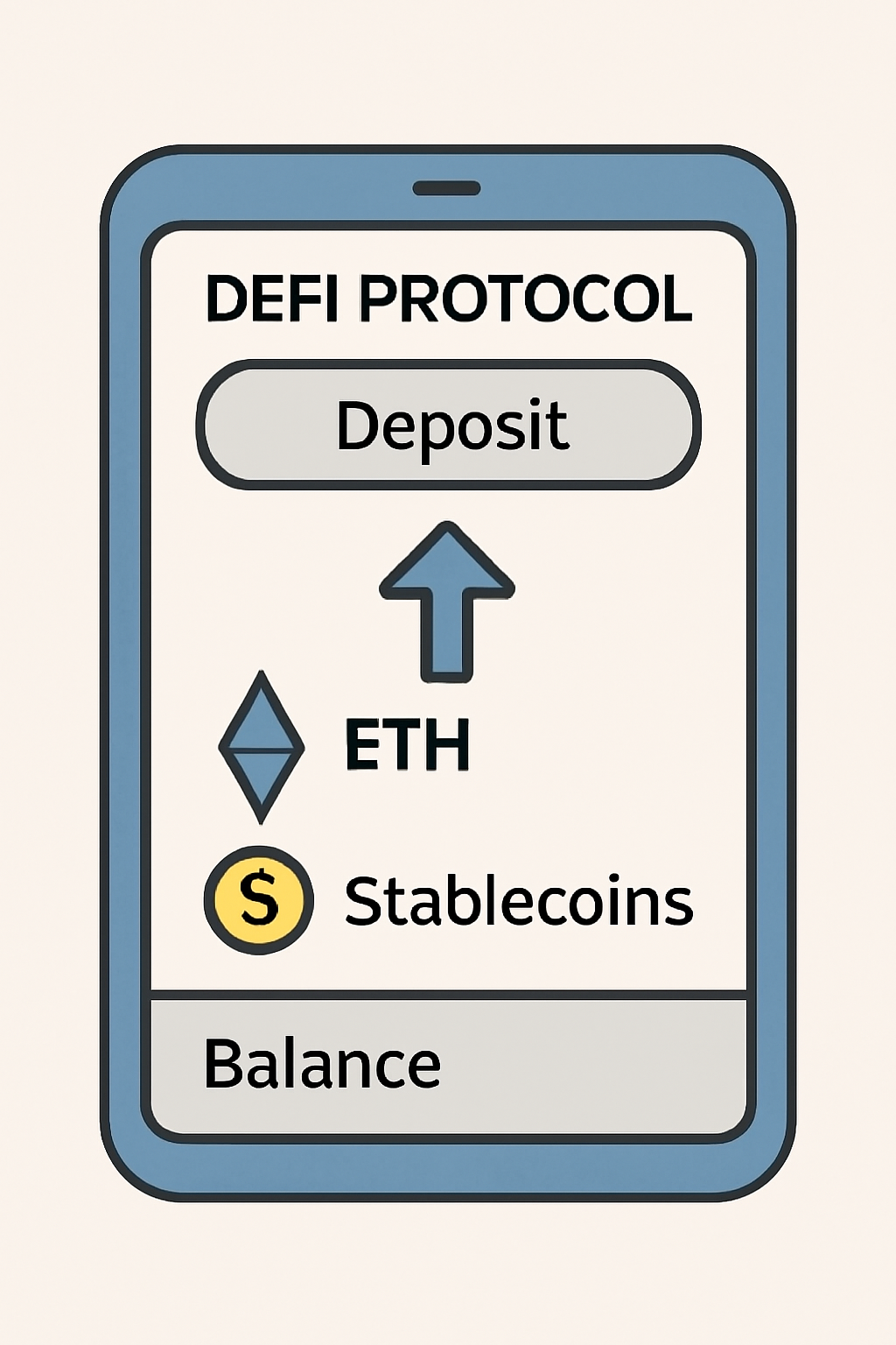 A digital wallet interface showing a deposit of ETH and stablecoins into a DeFi protocol dashboard.