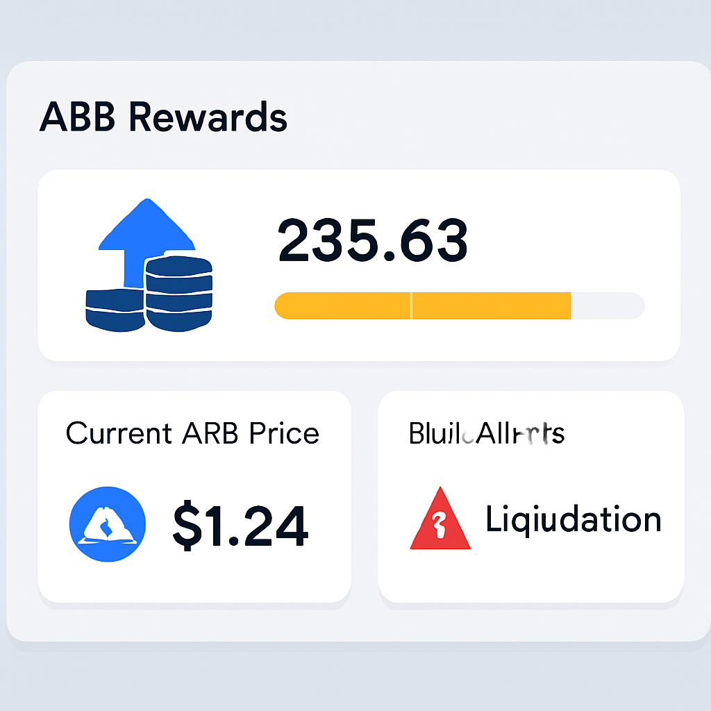 A dashboard showing ARB rewards accumulating, current ARB price, and risk alerts for liquidation.
