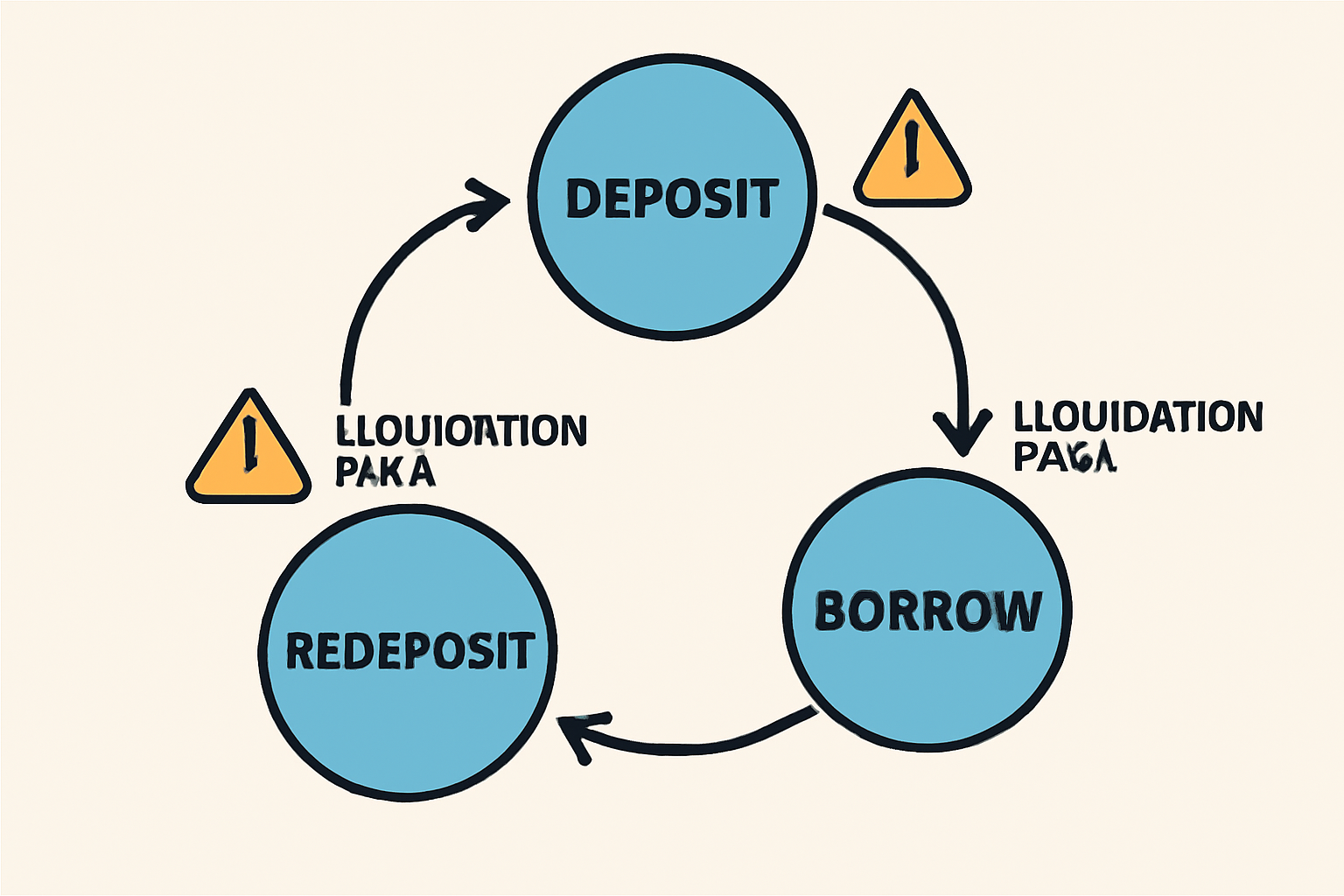 A looping cycle diagram showing deposit, borrow, redeposit steps, with warning signs about liquidation risk.