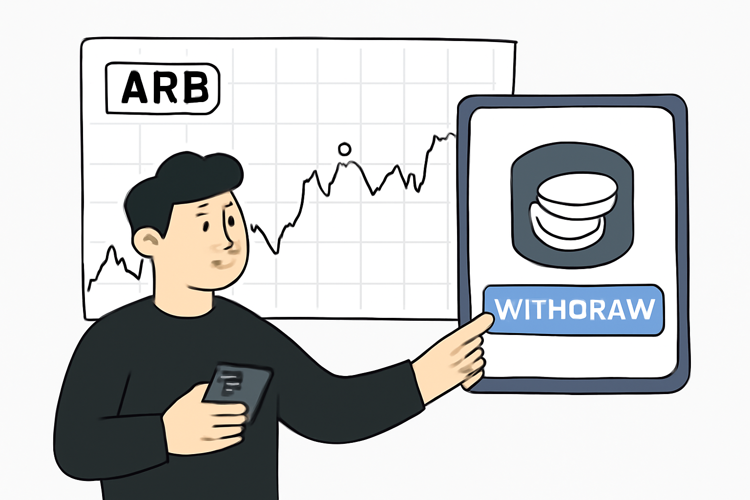 A user withdrawing assets from a DeFi protocol with ARB price chart in the background, showing decision points.