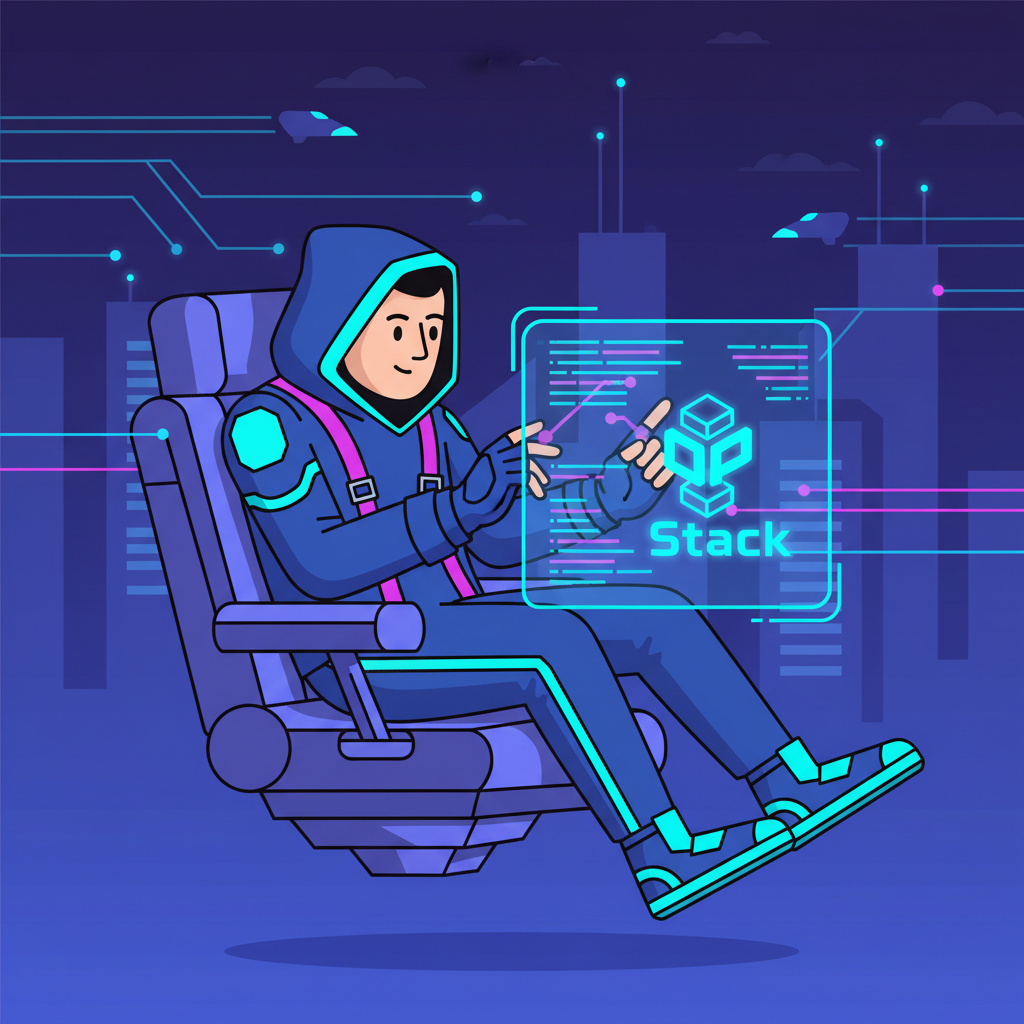 futuristic developer forking code on holographic screen, neon blue OP Stack logo, cyberpunk gaming vibe