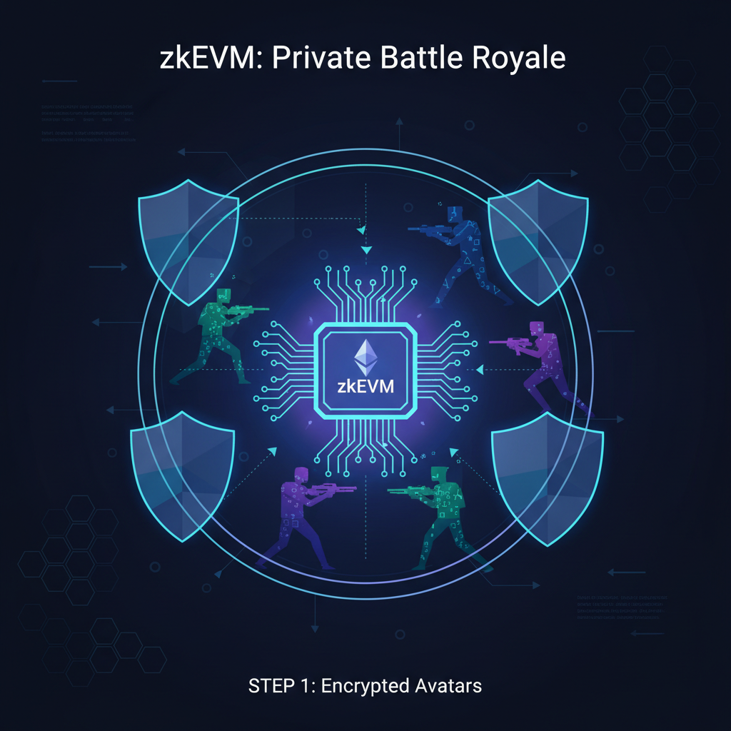 zkEVM circuit glowing with privacy shields, battle royale players as encrypted avatars, dark tech aesthetic