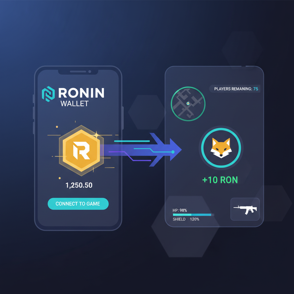 sleek Ronin wallet interface connecting to battle royale game HUD, glowing RON tokens, mobile-first design