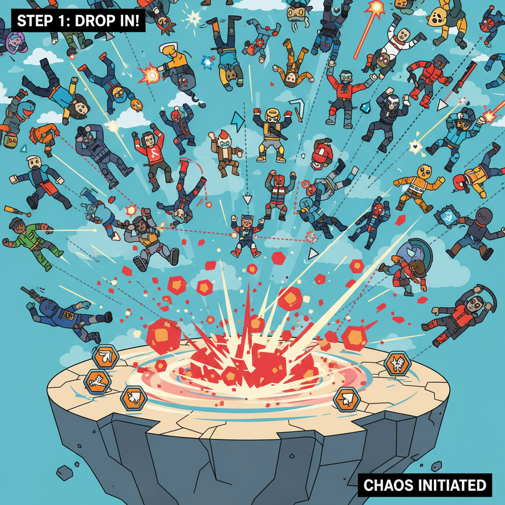 intense 100-player battle royale lobby chaos, diverse avatars dropping in, explosive action scene