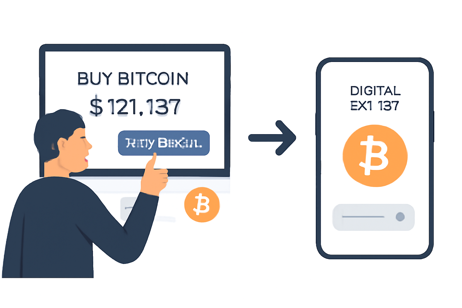A user buying Bitcoin on a crypto exchange platform, showing the price $121,137, and transferring BTC to a digital wallet, modern UI, clear transaction visuals