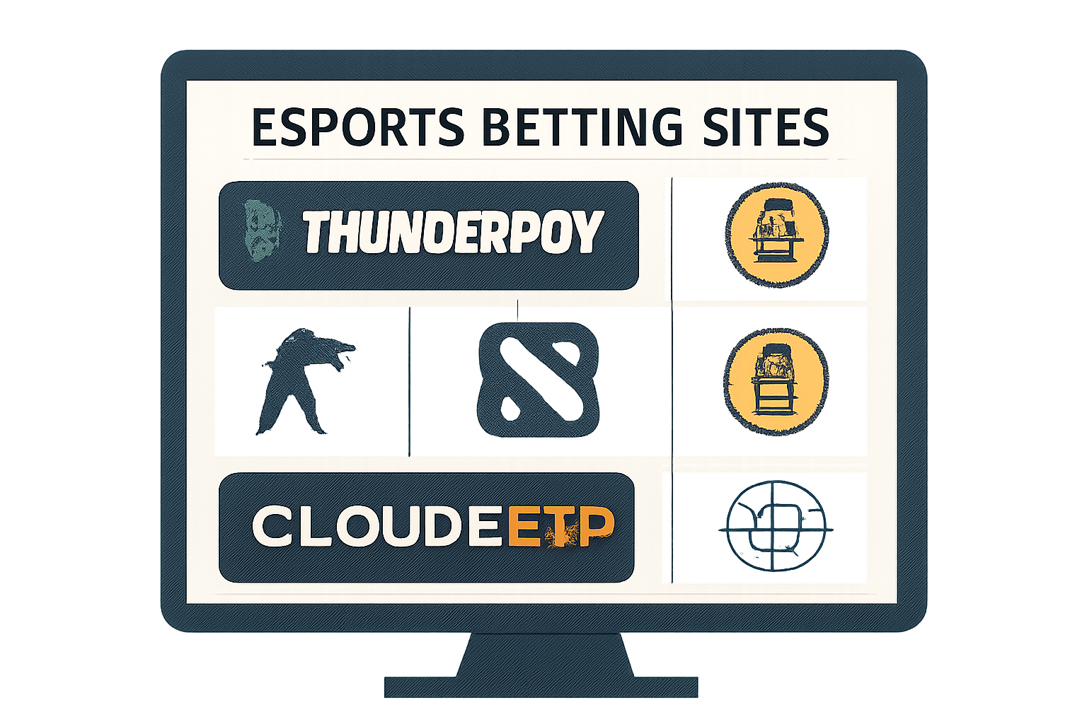 A selection of esports betting sites on a computer screen, highlighting ThunderPick and Cloudbet logos, with esports game icons and Bitcoin symbols
