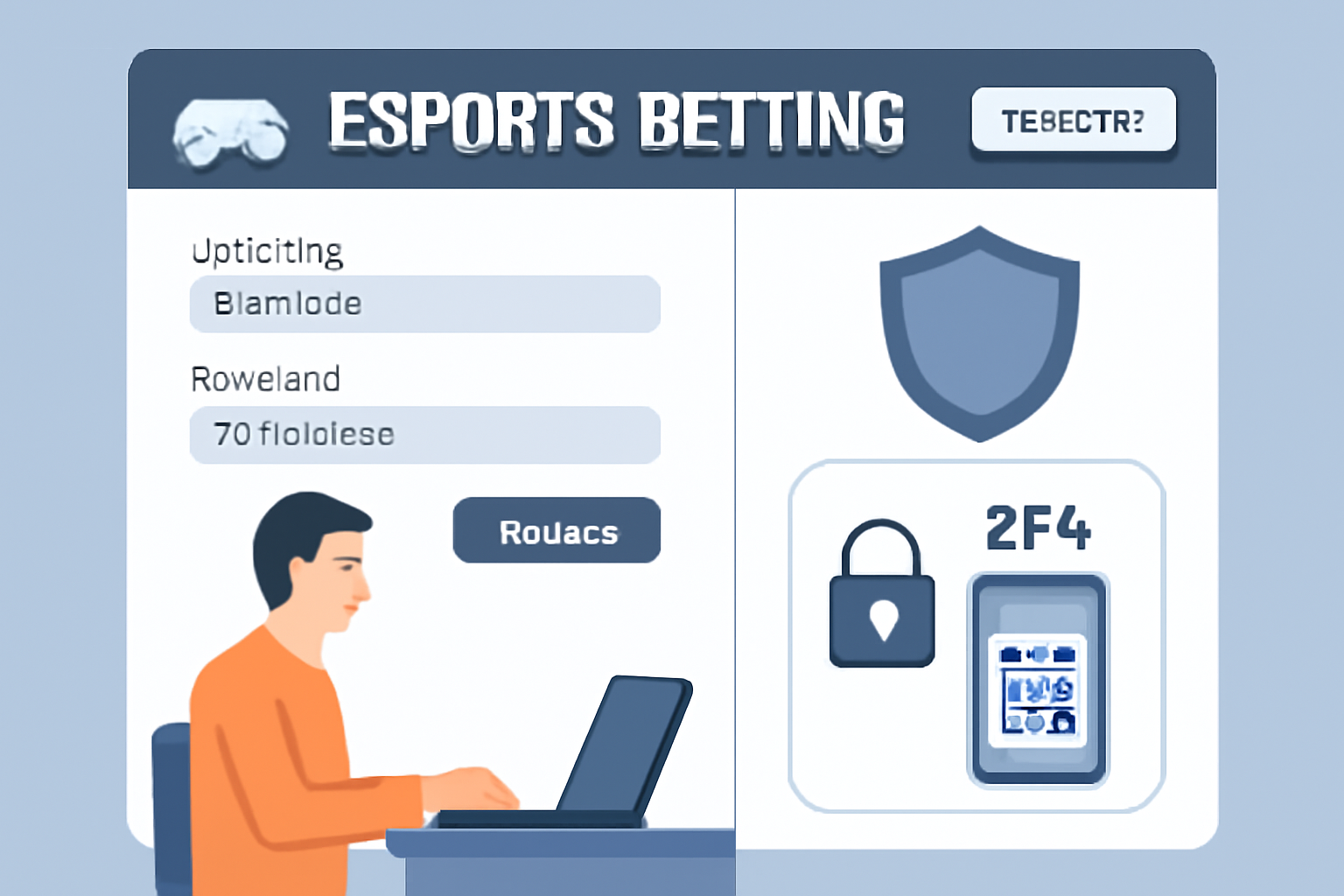 A user registering on an esports betting site, enabling 2FA, with security padlock and shield icons, modern website interface